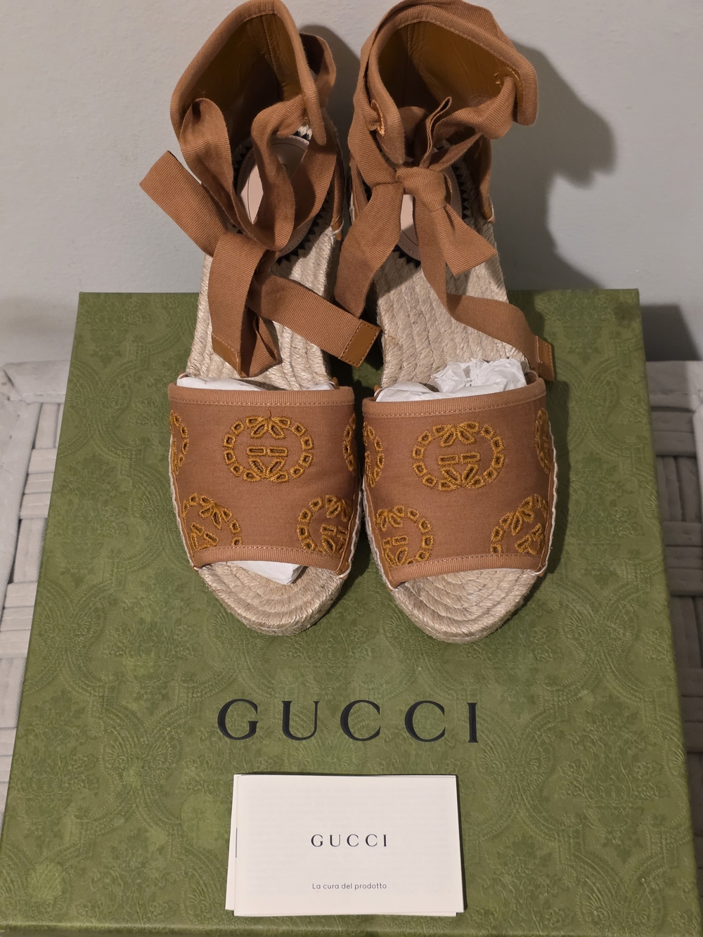 Gucci Embroidered Espadrille Wedge Sandals